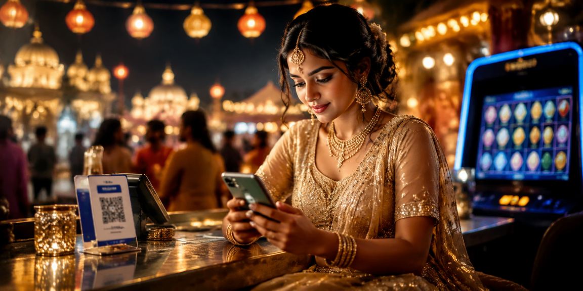 Indian woman celebrating festival with mobile payments